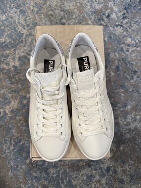 Golden Goose White Leather Low-Top Sneakers with Silver Glitter Heel